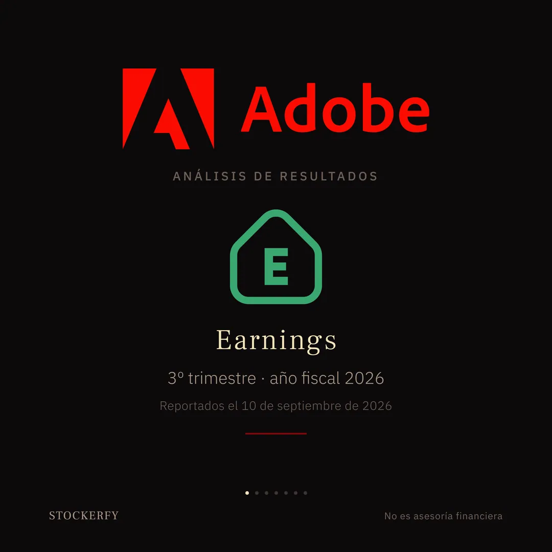 Portada. El logotipo de Adobe en grande y centrado: la letra A estilizada en rojo, con la palabra "Adobe" al lado en el mismo rojo; arriba a la derecha, la marca de agua de Stockerfy. Bajo el logotipo, en letra pequeña y espaciada, "Análisis de resultados". Debajo, un escudo verde de contorno con una letra E dentro y la punta hacia arriba, la marca con que se señala en un gráfico el día en que una empresa reporta; el verde y la punta hacia arriba indican que la utilidad superó lo estimado. Bajo el escudo, la palabra "Earnings" en letra espaciada, y dos líneas centradas: "3º trimestre · año fiscal 2026" y, más pequeña, "Reportados el 10 de septiembre de 2026". Cierra una breve línea horizontal granate.