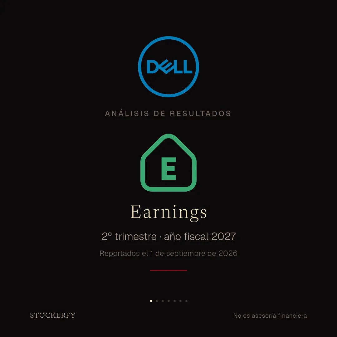 Portada. El logotipo de Dell en grande y centrado, el círculo azul con la palabra DELL y la letra E inclinada; arriba a la derecha, la marca de agua de Stockerfy. Bajo el logotipo, en letra pequeña y espaciada, "Análisis de resultados". Debajo, un escudo verde de contorno con una letra E dentro y la punta hacia arriba, la marca con que se señala en un gráfico el día en que una empresa reporta; el verde y la punta hacia arriba indican que la utilidad superó lo estimado. Bajo el escudo, la palabra "Earnings" en letra espaciada, y dos líneas centradas: "2º trimestre · año fiscal 2027" y, más pequeña, "Reportados el 1 de septiembre de 2026". Cierra una breve línea horizontal granate.