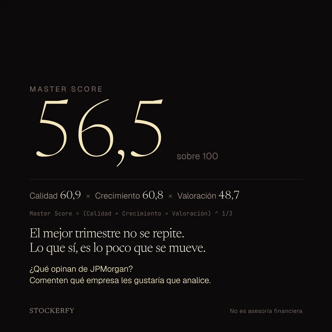 Master Score 56,5 sobre 100, en grande. Debajo, los tres factores que lo componen: calidad 60,9 por crecimiento 60,8 por valoración 48,7, y la ecuación de la media geométrica. Texto de cierre: el mejor trimestre no se repite, y lo que sí es lo poco que se mueve. Una pregunta invita a comentar qué empresa analizar después.