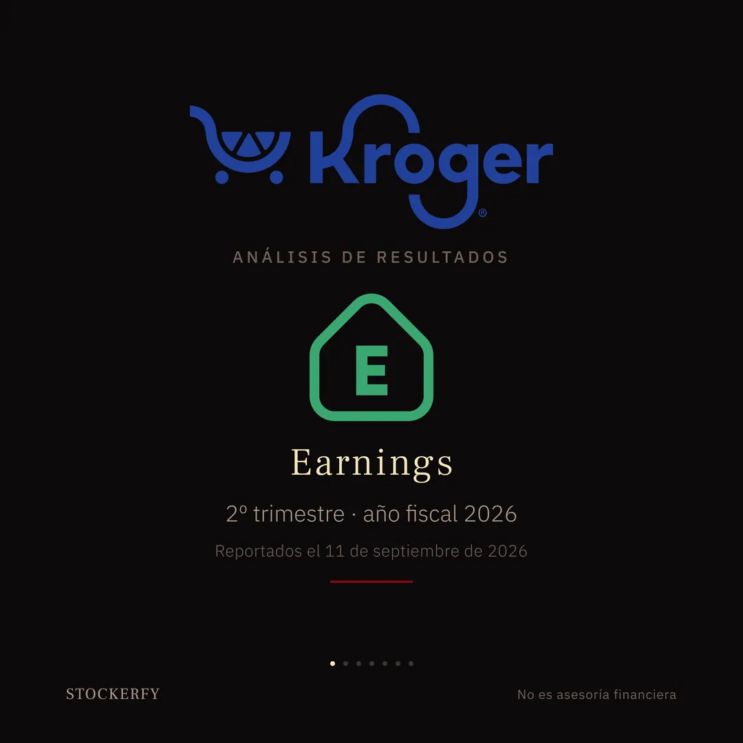 Portada. El logotipo de Kroger en grande y centrado: un carrito de compras estilizado en azul, con una rodaja de naranja y dos ruedas como puntos, junto a la palabra Kroger en el mismo azul, con un símbolo de marca registrada; arriba a la derecha, la marca de agua de Stockerfy. Bajo el logotipo, en letra pequeña y espaciada, "Análisis de resultados". Debajo, un escudo verde de contorno con una letra E dentro y la punta hacia arriba, la marca con que se señala en un gráfico el día en que una empresa reporta; el verde y la punta hacia arriba indican que la utilidad superó lo estimado. Bajo el escudo, la palabra "Earnings" en letra espaciada, y dos líneas centradas: "2º trimestre · año fiscal 2026" y, más pequeña, "Reportados el 11 de septiembre de 2026". Cierra una breve línea horizontal granate.