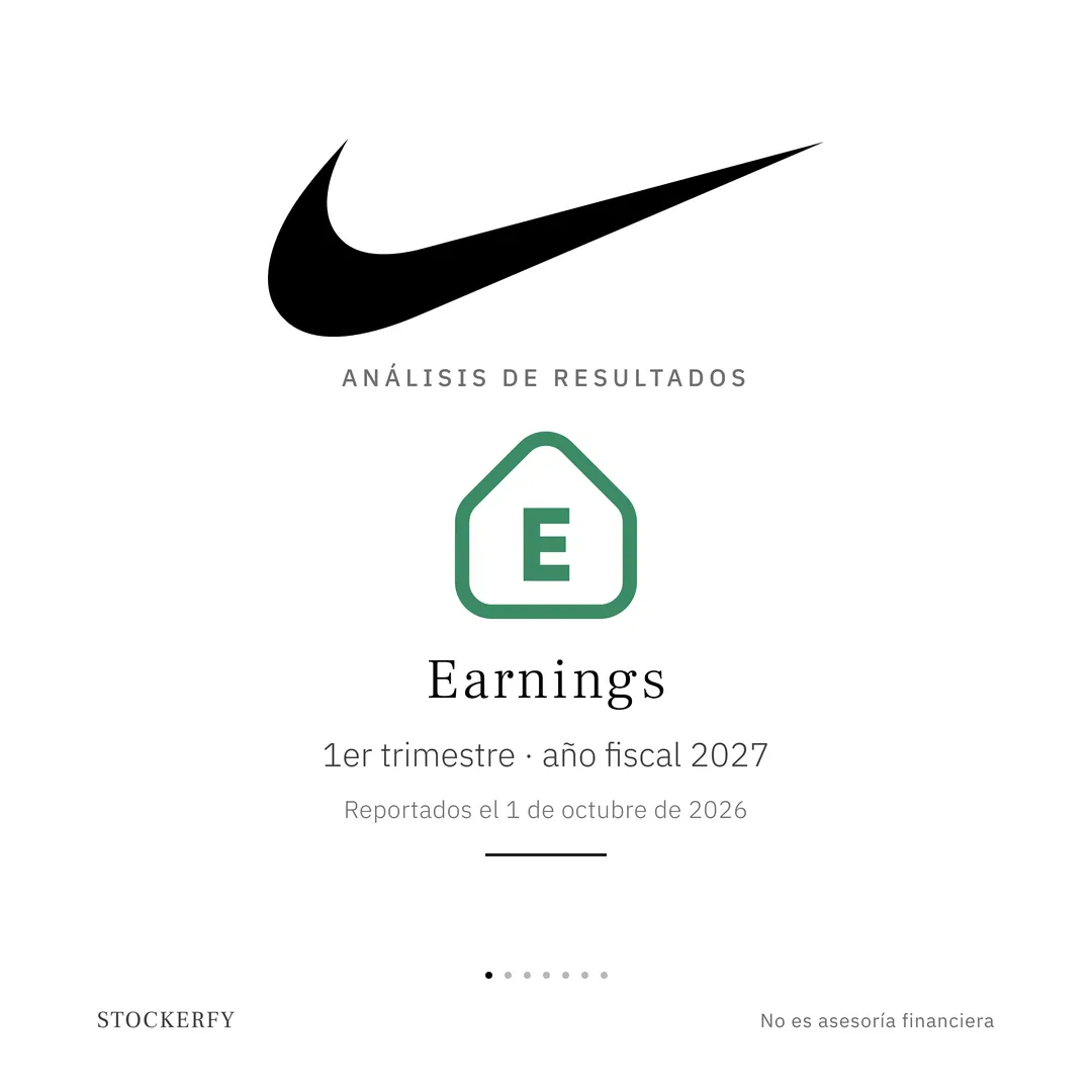 Portada sobre fondo blanco. El logotipo de NIKE en grande y centrado: el símbolo negro, una curva alargada que sube hacia la derecha. Bajo el logotipo, en letra pequeña y espaciada, "Análisis de resultados". Debajo, un escudo verde de contorno con una letra E dentro y la punta hacia arriba, que indica que la utilidad superó lo estimado. Bajo el escudo, la palabra "Earnings" y dos líneas centradas: "1er trimestre · año fiscal 2027" y, más pequeña, "Reportados el 1 de octubre de 2026".