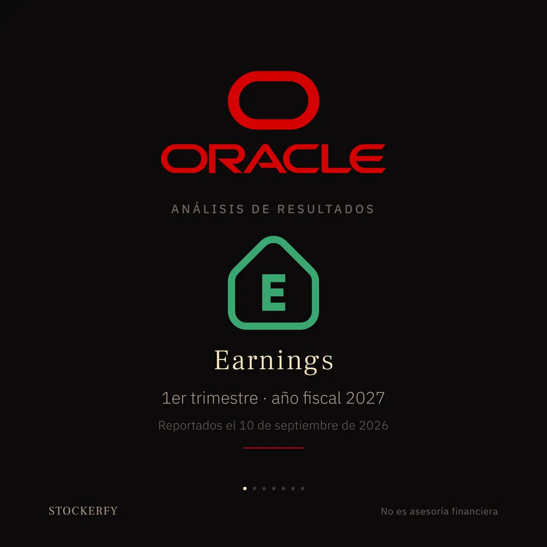 Portada. El logotipo de Oracle en grande y centrado, en el rojo de marca: arriba, el símbolo de una pista ovalada (un óvalo alargado con el interior vacío); debajo, la palabra "ORACLE" en mayúsculas. Arriba a la derecha, la marca de agua de Stockerfy. Bajo el logotipo, en letra pequeña y espaciada, "Análisis de resultados". Debajo, un escudo verde de contorno con una letra E dentro y la punta hacia arriba, la marca con que se señala en un gráfico el día en que una empresa reporta; el verde y la punta hacia arriba indican que la utilidad superó lo estimado. Bajo el escudo, la palabra "Earnings" en letra espaciada, y dos líneas centradas: "1er trimestre · año fiscal 2027" y, más pequeña, "Reportados el 10 de septiembre de 2026". Cierra una breve línea horizontal granate.