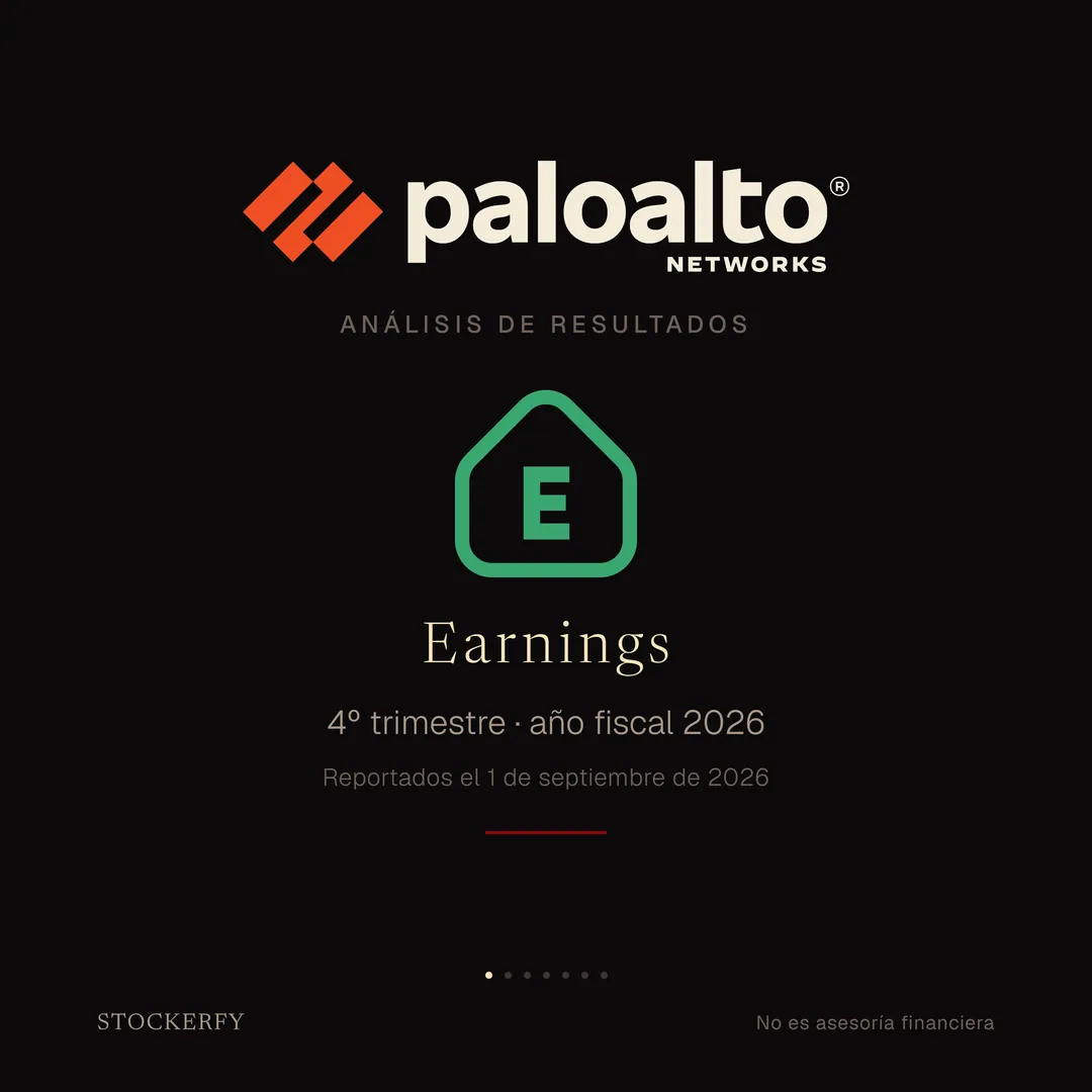 Portada. El logotipo de Palo Alto Networks en grande y centrado: el símbolo naranja de una flecha que atraviesa un cuadrado y, al lado, la palabra paloalto en crema con NETWORKS debajo; arriba a la derecha, la marca de agua de Stockerfy. Bajo el logotipo, en letra pequeña y espaciada, "Análisis de resultados". Debajo, un escudo verde de contorno con una letra E dentro y la punta hacia arriba, la marca con que se señala en un gráfico el día en que una empresa reporta; el verde y la punta hacia arriba indican que la utilidad superó lo estimado. Bajo el escudo, la palabra "Earnings" en letra espaciada, y dos líneas centradas: "4º trimestre · año fiscal 2026" y, más pequeña, "Reportados el 1 de septiembre de 2026". Cierra una breve línea horizontal granate.