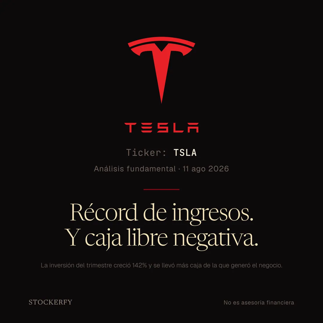 Sobre fondo oscuro, el logotipo de Tesla en rojo: el símbolo de la T sobre la palabra TESLA. Ticker TSLA, análisis fundamental del 11 de agosto de 2026. Titular: récord de ingresos, y caja libre negativa. Debajo, la nota de que la inversión del trimestre creció 142% y se llevó más caja de la que generó el negocio.
